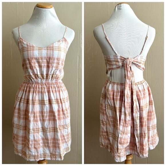 American Eagle Linen Blend Cutout Plaid Boho Mini Sundress NEW - Picture 1 of 15